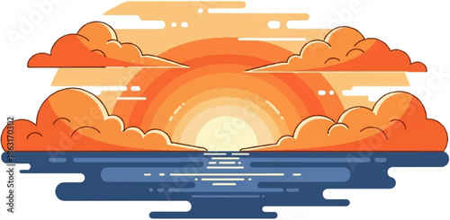 Stylized sunrise over calm blue water with orange clouds
