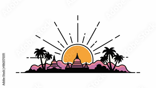 Stylized sunrise over tropical pagodas with palm trees