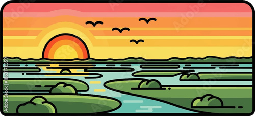 Stylized sunset over a tranquil water body with lush green islands and flying birds
