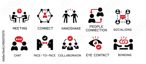 Human interaction icon set. Communication, people, connection, friends, chat, bonding, socializing, group, relationship and more. Solid vector icons collection.