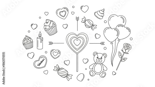 Valentine's Day Line Art Composition: A delicate, hand-drawn arrangement of Valentine's Day symbols, evoking feelings of love and celebration, perfect for cards and designs.