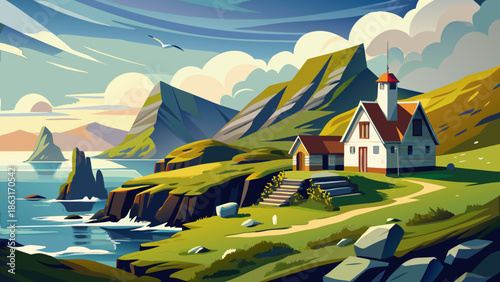 Very beautiful landscape of the lighthouse keeper’s house on Mykines Island, Faroe Islands, Denmark, surrounded by dramatic cliffs, ocean views, and untouched Nordic nature.