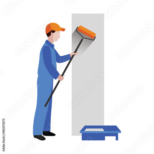 Painter with roller and paint tray on white background