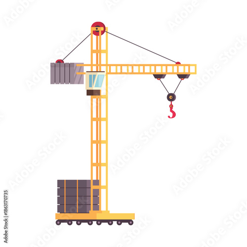 Yellow construction tower crane with counterweights and hook