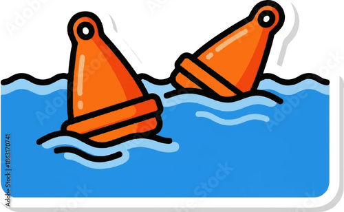 Two bright orange buoys float in blue water with wavy lines