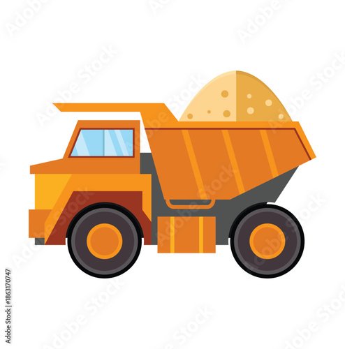 Orange dump truck loaded with sand on white background