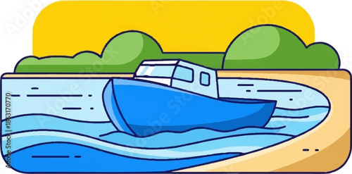 Stylized illustration of a blue boat floating on water near a sandy shore with green hills under a yellow sky