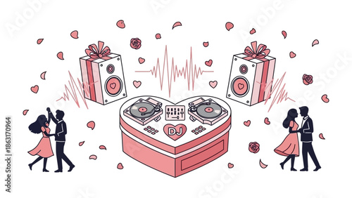 Love's Melodic Celebration: A whimsical illustration depicts a heart-shaped stage adorned with turntables and speakers, accompanied by dancing couples, symbolizing music, love, and celebration.