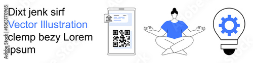 Digital innovation, wellness meditation, QR code utility, problem-solving, mobile applications, technology. Smartphone with QR code, meditating woman and gear light bulb. Digital innovation