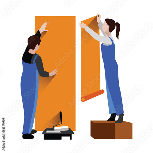 Two people hanging wallpaper on an orange wall interior