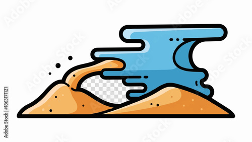 Stylized cartoon of sand being washed by blue waves