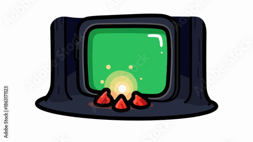 Stylized cartoon of a retro television displaying a glowing green screen with light emanating