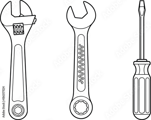 Set of hand tool line art icons featuring an adjustable wrench, open-end spanner, and flathead screwdriver for repair.