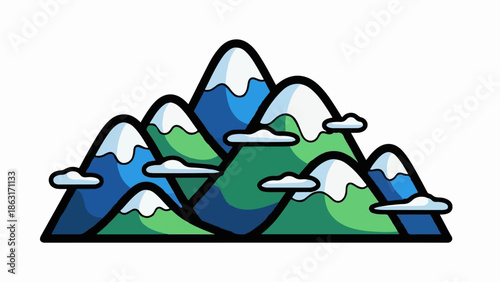 Stylized cartoon mountains with snow-capped peaks and fluffy clouds