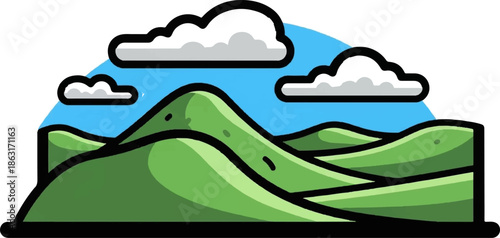Stylized cartoon landscape illustrating rolling green hills and mountains under a blue sky with fluffy clouds