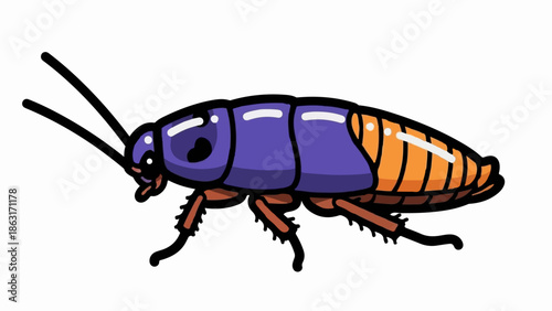 Stylized cartoon insect illustration with a purple body and orange segments, standing on a white background