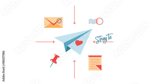 Love's Aerial Message: A whimsical paper airplane adorned with a heart symbol takes flight, surrounded by elements of love and connection. It embodies the essence of sending a message to the dearest.