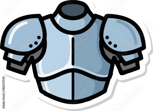 Stylized cartoon drawing of medieval knight armor, featuring a shiny silver chest piece and pauldrons