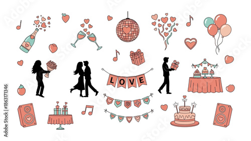 Valentine's Day Elements Collection: A charming compilation of Valentine's Day elements, celebrating love, romance, and togetherness. Featuring decorations such as hearts, music.
