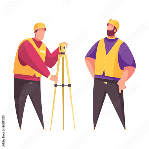 Two surveyors with a theodolite on a tripod surveying