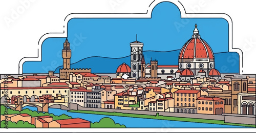 Stylized cartoon cityscape with iconic dome, bell tower, and arched bridge over a river