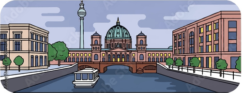 Stylized cartoon city scene with prominent dome building, tower, canal, and boat