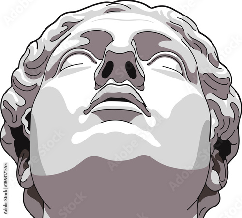 Stylized illustration of a classical stone bust looking upward from a low angle view. White background