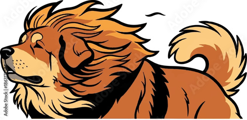 Stylized cartoon canine with flowing orange mane and fluffy tail