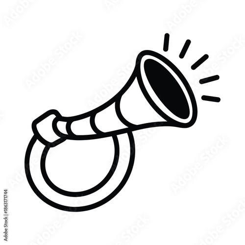 A simple black and white illustration of a vintage horn with radiating lines