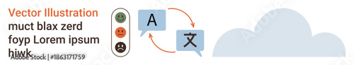 Language translation, globalization, communication, multilingual tools, cloud services, accessibility. Speech bubbles with text symbols and arrows, cloud graphic on side. Language translation
