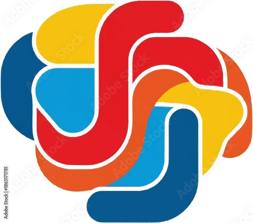 Stylized brain graphic composed of interlocking, rounded segments in bright primary and secondary colors