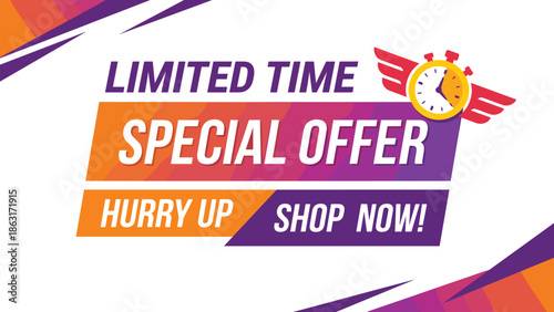 limited time special offer banner, hurry up shop now promotion design, winged clock sale graphic, modern discount advertising illustration