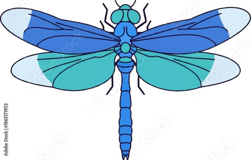 Stylized blue and teal dragonfly illustration with segmented body and patterned wings