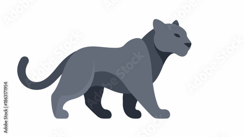 Stylized black panther, a powerful feline, walks with a sleek, dark form against a white background
