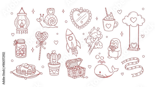 Lovely Valentine Sketch Elements: A heartwarming illustration featuring an array of charming Valentine's Day elements, each lovingly drawn with intricate details.