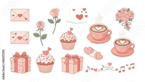 Valentine's Day Delights: A collection of charming Valentine's Day illustrations, including love letters, blooming roses, delicious cupcakes, a bouquet, and cups of coffee.