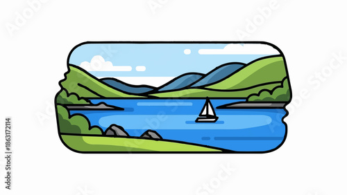 Stylized landscape with a sailboat on a lake, rolling hills, and cloudy sky