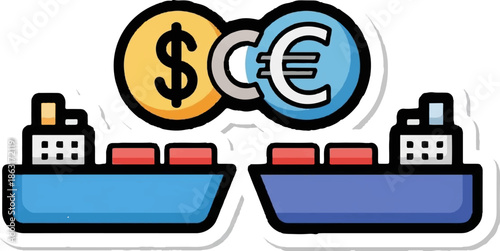 Two cargo ships under dollar and euro symbols, representing trade