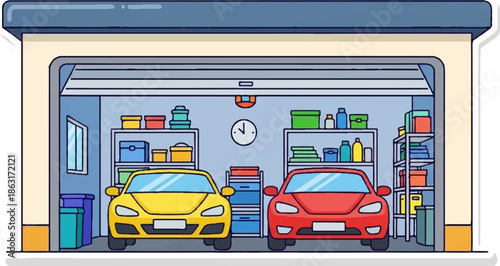 Two cars, yellow and red, parked inside a tidy, organized garage with shelves full of supplies