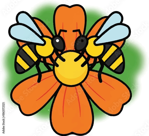 Two cartoon bees collect nectar from a vibrant orange flower with a soft green background