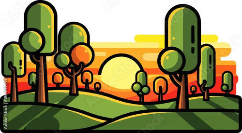 Stylized landscape with rolling hills, a vibrant sunset, and rounded trees