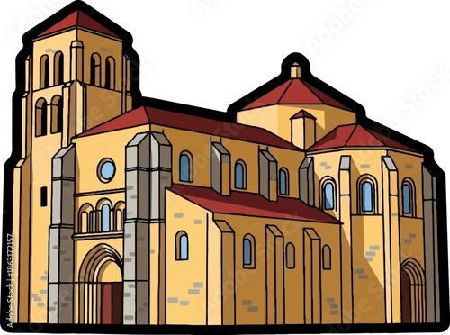 Stylized illustration of a grand church or cathedral with prominent towers, arched windows, and red roofs