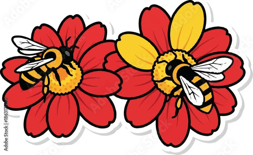 Two cartoon bees collect nectar from bright red and yellow flowers