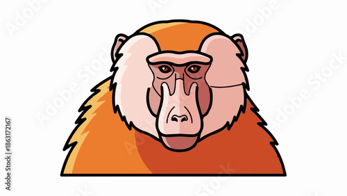 Stylized portrait of a baboon's face with orange fur, pale pink cheeks, and dark eyes