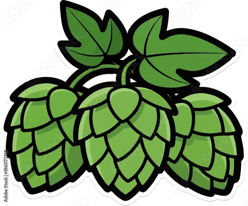 Three green hop cones with leaves on a vine, stylized illustration