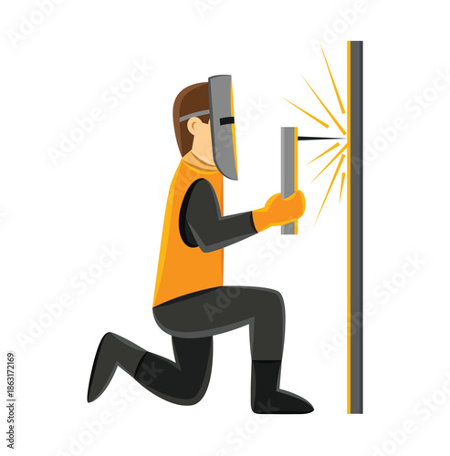 Welder kneeling and sparks flying from metal welding