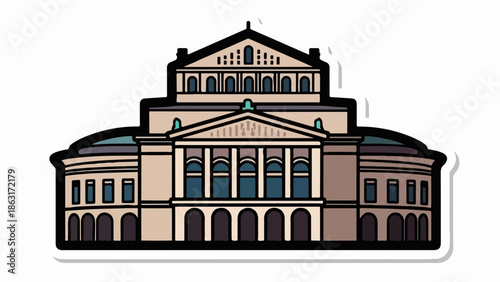 Stylized illustration of a grand classical building with columns, arches, and a domed roof, sticker style