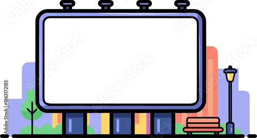 Stylized urban illustration featuring a blank billboard, park bench, streetlamp, and abstract buildings