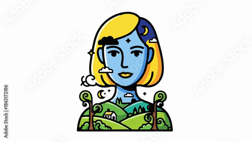 Stylized portrait of a person whose head is a blend of day and night, merging with a serene landscape below