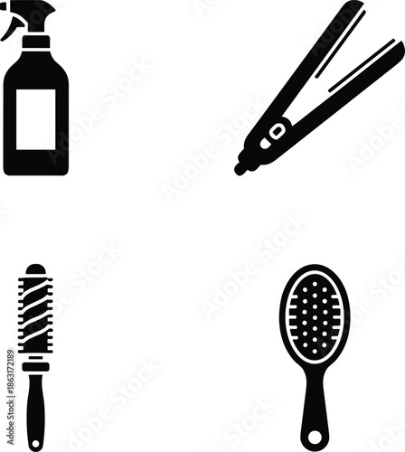 Professional hair styling tool icon set featuring a spray bottle, hair straightener, round brush, and paddle brush silhouettes.